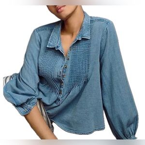 Pilcro Anthropologie Ruffled Chambray Denim Pleated Button Down Peasant Top L